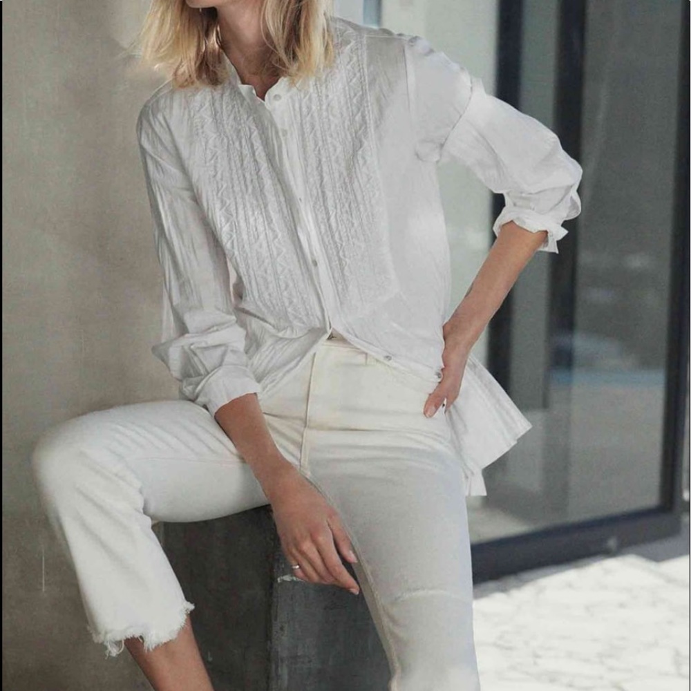Zara embroidery wrinkled look long white shirt
